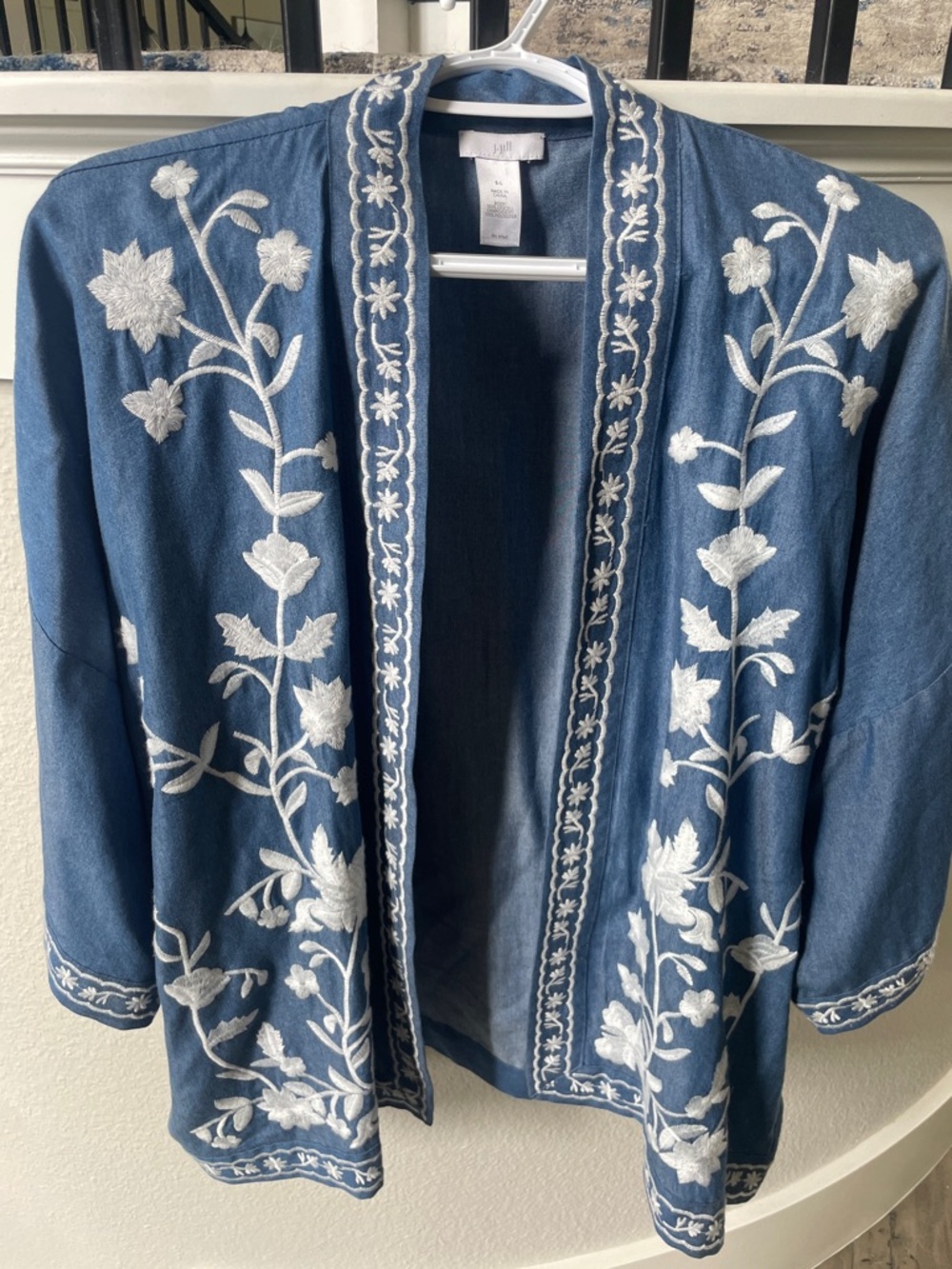 J. Jill Blue Embroidered Open Front Floral Jacket